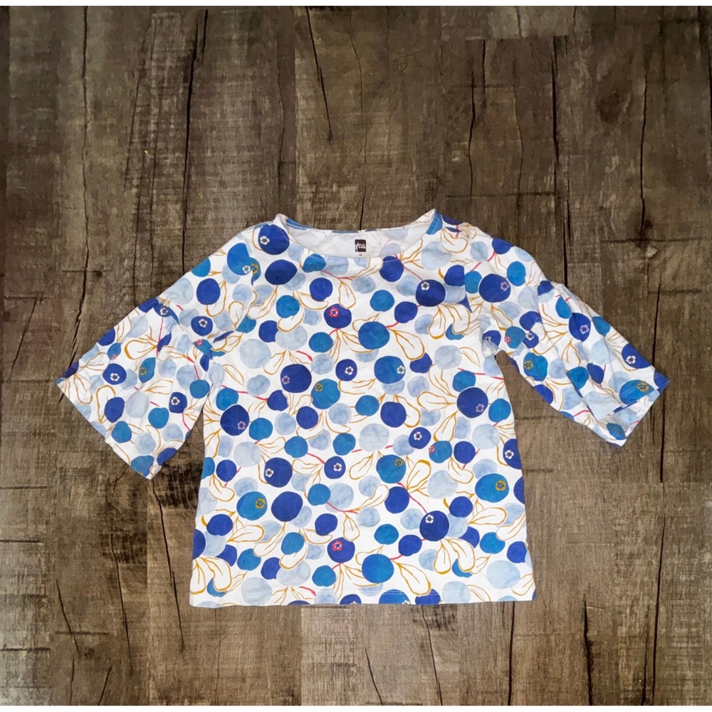 Tea Collection Girls Blueberry Print Bell Sleeve Cotton Top Blue White Size 10